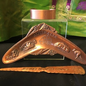 Unusual Copper Items - Australian Boomerang - Copper Cuff Bracelet - Religious Letter Opener