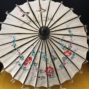 Antique Asian Umbrella - Cotton Parasol with Wood Handle - Small Cotton Hand Painted Brolly