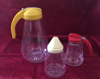 Diner-Style Pitchers - Bakelite Topped Glass Syrup Bottles - Syrup and Sugar Pourers