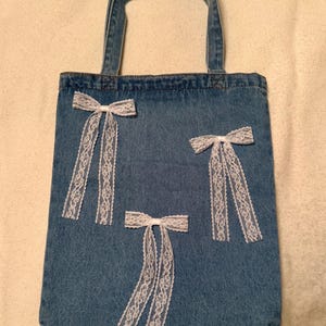 Denim Tote with White Lace Bows Cute Bag for gifts, school, work, gym