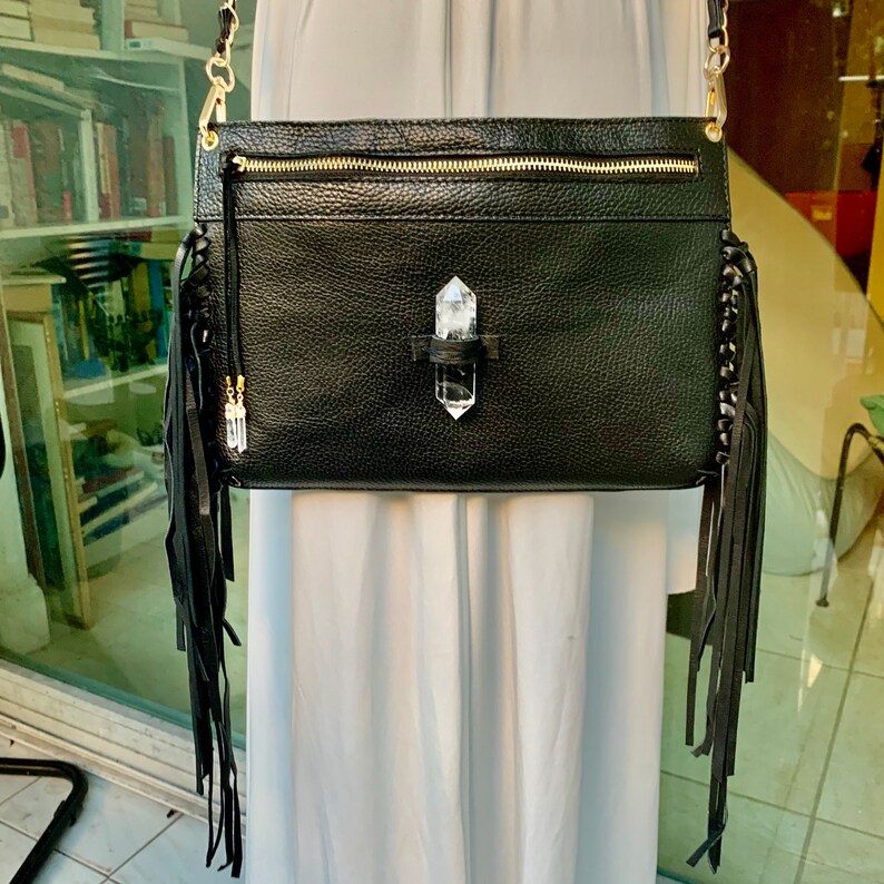 Genuine Black Leather Fringe Crossbody Bag With Clear Quartz Etsy Canada