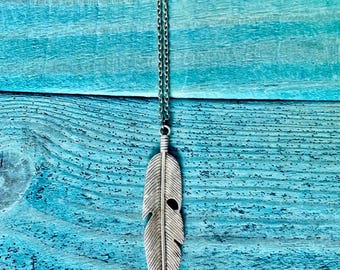 Long Silver Feather Pendant Necklace Minimalist
