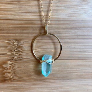 Iridescent Blue Crystal Long Gold Circle Necklace