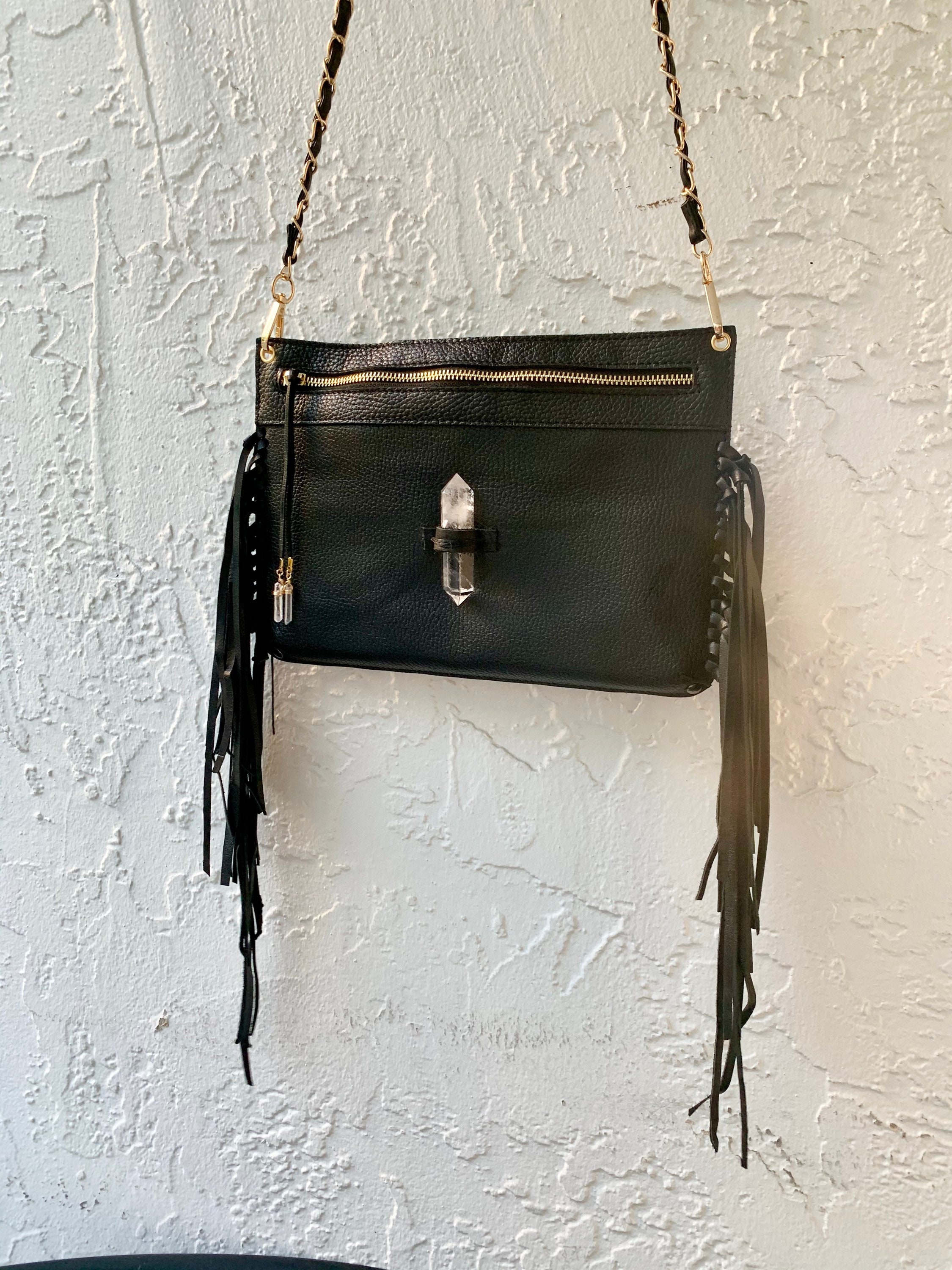 Genuine Black Leather Fringe Crossbody Bag With Clear Quartz - Etsy Canada