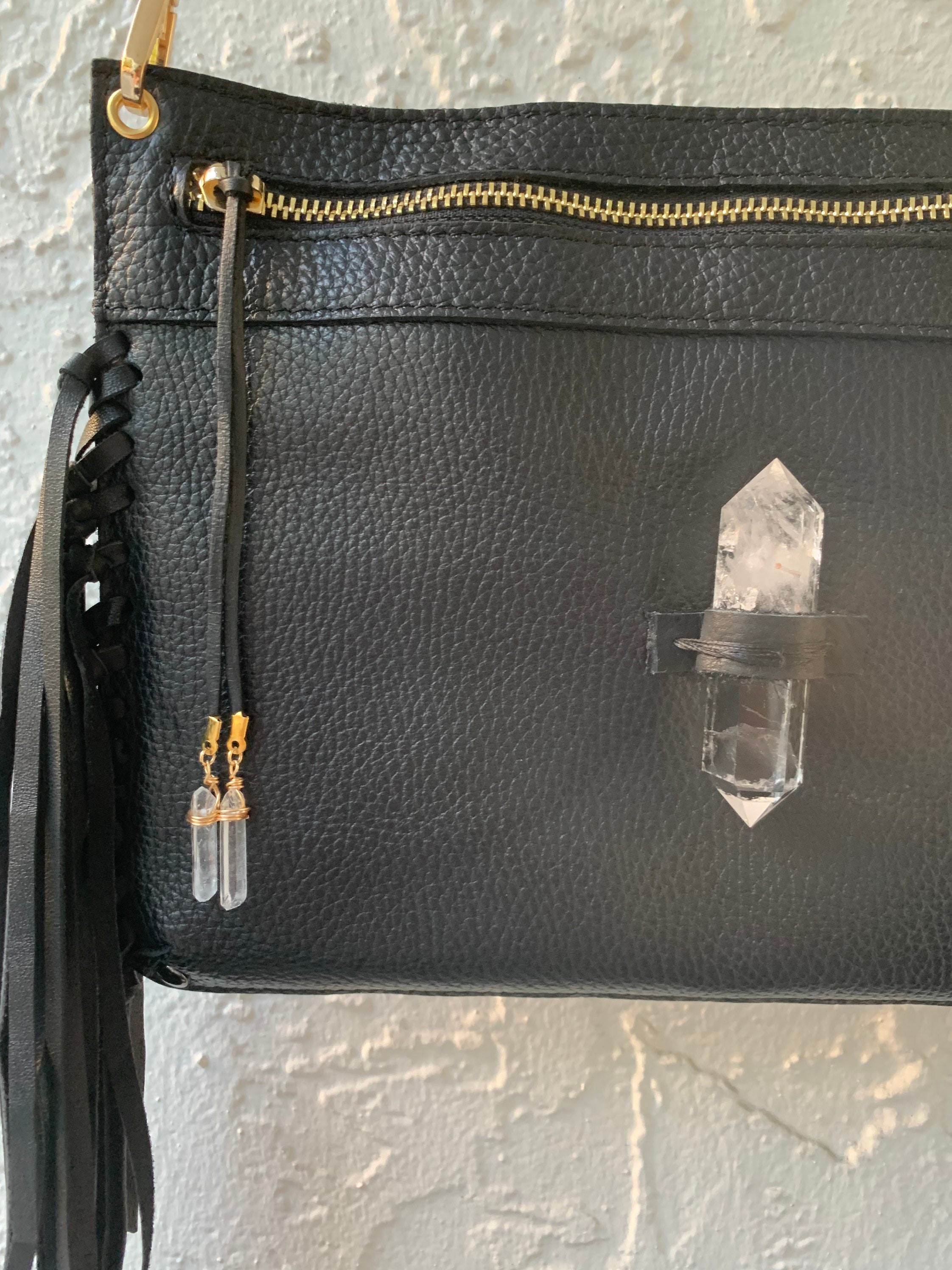 Genuine Black Leather Fringe Crossbody Bag with Clear Quartz Etsy