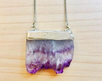 Amethyst Slice Necklace, Silver Dipped Amethyst Slice Necklace, Raw Amethyst Necklace, Amethyst Slice Pendant Necklace
