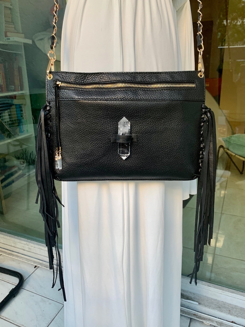 Genuine Black Leather Fringe Crossbody Bag With Clear Quartz Etsy Canada