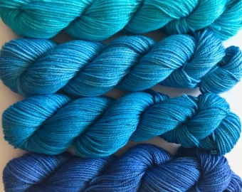 Vegan Sock / Fingering Yarn - Hand Dyed Bamboo Cotton - Choose Color & Skein Size - Bright Turquoise, Blue Semi Solids - Artisan 3 Ply Yarn