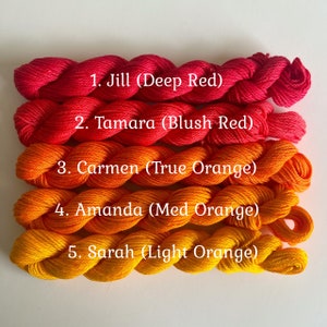 May include: Five skeins of embroidery floss in shades of red and orange. The floss is labeled with the names "Jill (Deep Red)", "Tamara (Blush Red)", "Carmen (True Orange)", "Amanda (Med Orange)", and "Sarah (Light Orange)".