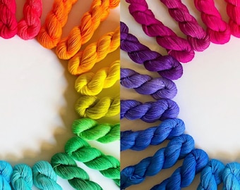 Rainbow Yarn Kit - 25 Mini Skeins - Sock / Fingering Weight - Fiber Gift Set - Hand Dyed Bamboo Cotton Yarn - 25 Skeins and Colors