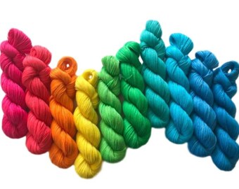 Hand Dyed Vegan Yarn Kit - Neon Rainbow - Fingering / Sock Wt Thread - Bamboo Cotton Blend - 3 Ply Soft Artisan Fiber - Semi Solids / Tonals