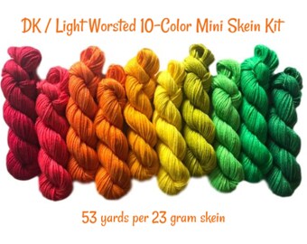 Hand Dyed Rainbow Fiber Set - Vegan (Bamboo Cotton) - Ten 53 yd DK / Light Worsted Mini Skeins - Semi Solids / Tonals - 3 Ply Baby / Sport