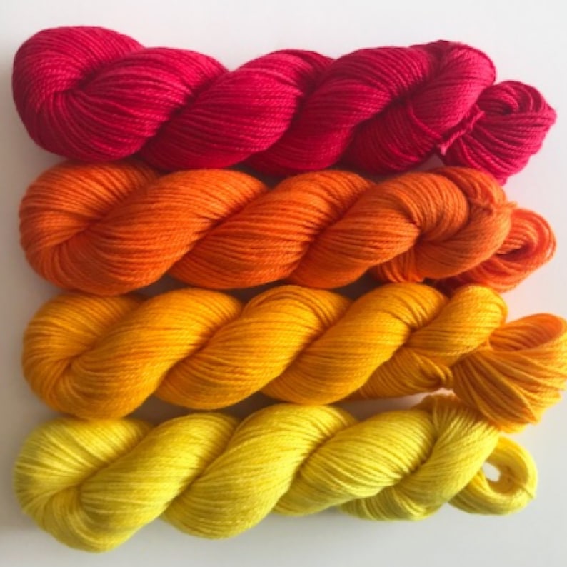 Vegan Sock / Fingering Yarn Hand Dyed Bamboo Cotton Choose Color & Skein Size Red / Orange / Yellow Semi Solid and Tonal Artisan Yarn image 1