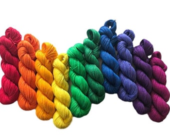 Rainbow Hand Dyed Yarn Kit - Vegan Fiber (Bamboo Cotton) - Fingering Wt Mini Skeins - Indie Dyed Artisan 3 Ply Fiber - Semi Solids & Tonals