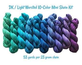 Hand Dyed Yarn 10 Color Mini Skein Kit - Vegan Fiber - DK Light Worsted - 3 Ply Soft Baby Yarn - Bamboo Cotton Semisolid - (10) 53 Yd Skeins