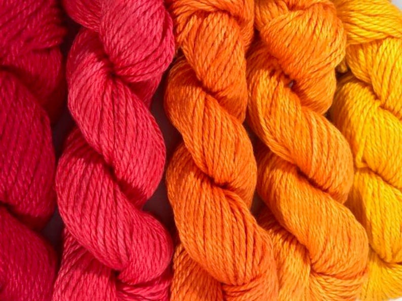 Hand Dyed Yarn Red Orange Gradient Kit Semi Solids Bamboo Cotton DK Light Worsted Ultra Soft Plant Based Tonals Indie Dyed image 2