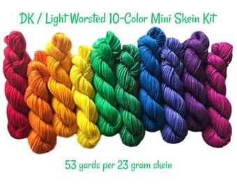 Vegan Yarn Kit - Hand Dyed Rainbow Fiber Set - DK / Light Worsted Bamboo Cotton Semi Solids - (10) 53 yd skeins - 3 Ply Artisan Baby Yarn