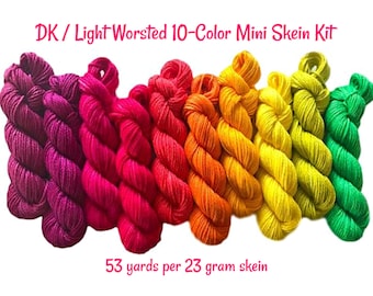 Vegan Yarn Mini Skein Kit - Hand Dyed DK / Light Worsted Bamboo Cotton - (10) 53 yd Skeins in Bright Semi Solids - 3 Ply Ultra Soft Yarn