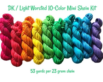 Rainbow Vegan Yarn Kit - DK Hand Dyed Semi Solid Mini Skeins - 10 Colors (53 yd skeins) - Bamboo Cotton Artisan Tonal Yarn - 3 Ply Sport Wt