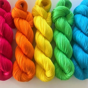 Vegan Yarn Kit Hand Dyed Fingering /Sock Weight Bamboo Cotton Neon Rainbow 3 Ply Five 320-yd Skeins Semi Solid Indie Dyed Fiber image 1