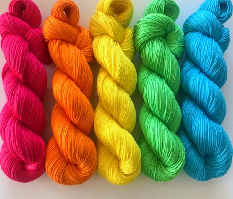 Vegan Yarn Kit Hand Dyed Fingering /Sock Weight Bamboo Cotton Neon Rainbow 3 Ply Five 320-yd Skeins Semi Solid Indie Dyed Fiber image 1