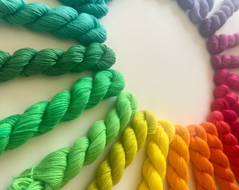 Ready to Ship Vegan Hand Dyed 25 Color Rainbow Ultra Mini Skein Yarn Set | Fingering Wt Bamboo Cotton 50 yd Minis | Semisolid Shawl Yarn