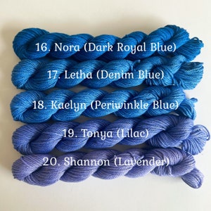 May include: Five skeins of yarn in shades of blue and purple. The yarn is labeled with numbers and names, including "Nora (Dark Royal Blue)", "Letha (Denim Blue)", "Kaelyn (Periwinkle Blue)", "Tonya (Lilac)", and "Shannon (Lavender)".