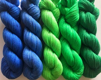 Vegan Yarn Kit - Hand Dyed - Green and Blue Gradient - Sock / Fingering Weight - (5) 320 yd Skeins - Bamboo Cotton Semi Solids / Tonals