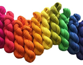 Rainbow Sock Yarn Kit (Vegan) - Fingering Weight Hand Dyed Bamboo Cotton - Semi Solid / Tonal Artisan Yarn - (10) 106 yd Mini Skeins - 3 Ply