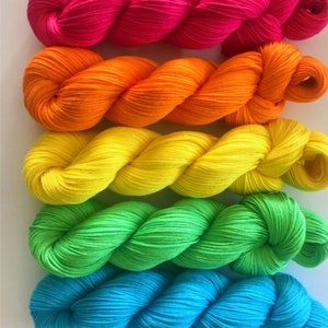 Vegan Yarn Kit Hand Dyed Fingering /Sock Weight Bamboo Cotton Neon Rainbow 3 Ply Five 320-yd Skeins Semi Solid Indie Dyed Fiber image 2