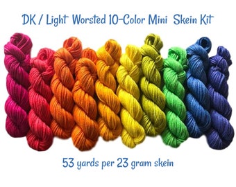 Rainbow Yarn Kit - Vegan / Hand Dyed - (10) 53 yd Mini Skeins - Bamboo Cotton DK - 3 Ply Baby Soft Yarn - Semi Solid / Tonal Artisan Fiber