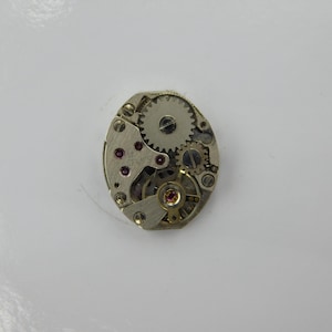May include: Close-up of a watch movement with visible gears, screws, and jewels. The mechanical components are arranged on a silver-colored base. The watch mechanism is oval-shaped and appears to be from a vintage timepiece.