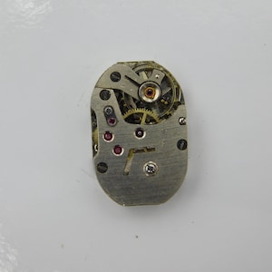 May include: A silver-toned watch movement with visible gears and a red jewel. The movement is in a round, oval-shaped casing.