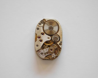 May include: A close-up of a silver watch movement with intricate gears and a small red jewel. The movement is labeled "Swiss Made 15 Jewels".