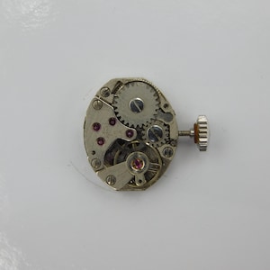 May include: Close-up of a vintage watch movement with intricate gears, jewels, and a winding stem. The silver-toned mechanism is oval-shaped and features small screws and a crown. The watch movement is a mechanical component.