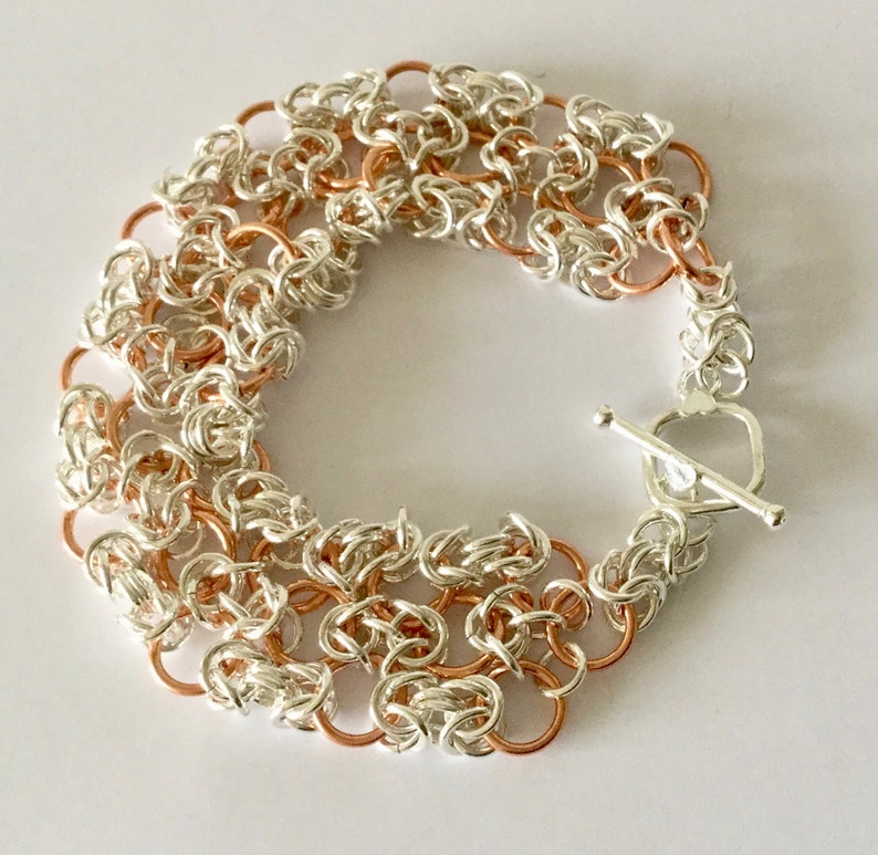 Toggle Clasp Hand woven Elegant Bracelet in Silver and Rose Gold Feminine Bracelet Chainmaille Bracelet Byzantine link