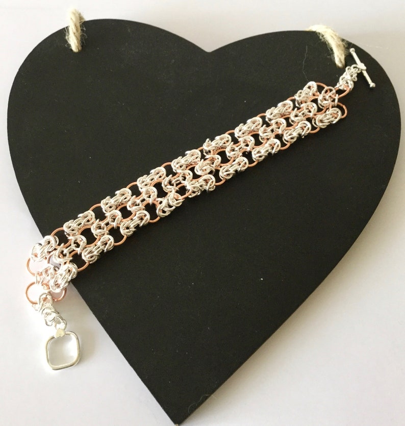 Toggle Clasp Hand woven Elegant Bracelet in Silver and Rose Gold Feminine Bracelet Chainmaille Bracelet Byzantine link