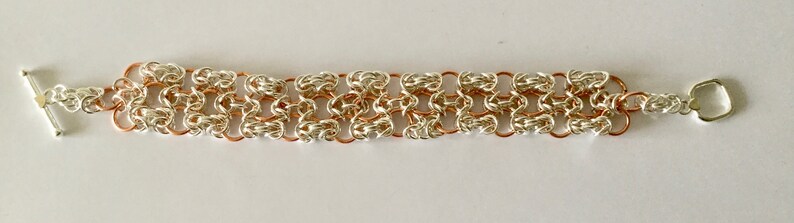 Toggle Clasp Hand woven Elegant Bracelet in Silver and Rose Gold Feminine Bracelet Chainmaille Bracelet Byzantine link