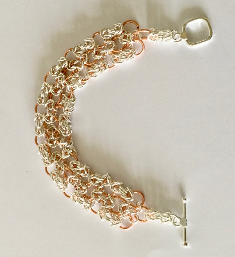 Toggle Clasp Hand woven Elegant Bracelet in Silver and Rose Gold Feminine Bracelet Chainmaille Bracelet Byzantine link