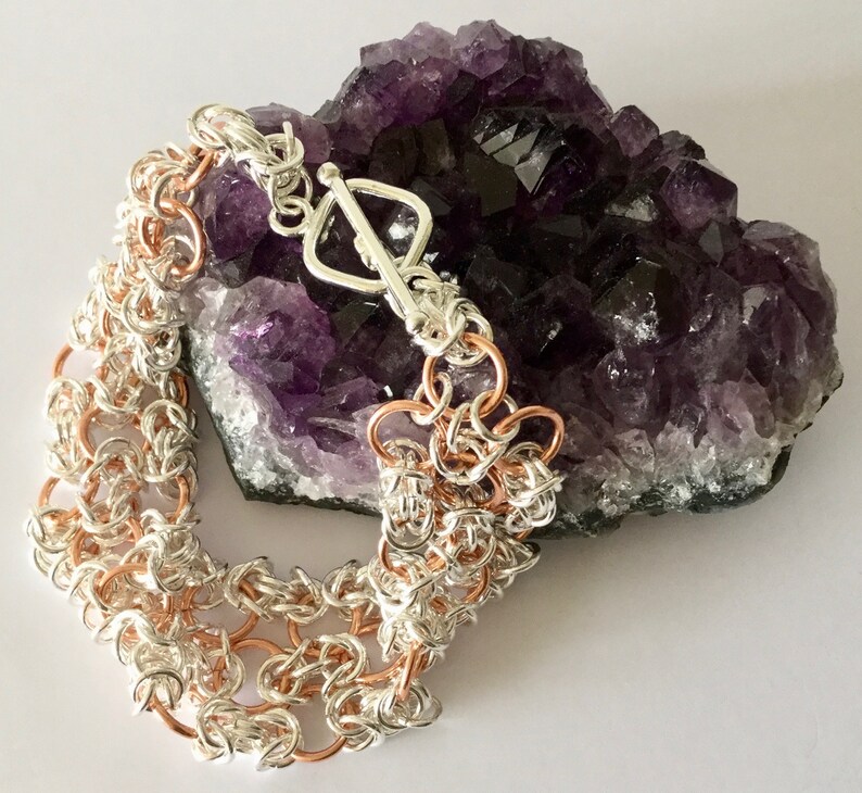 Toggle Clasp Hand woven Elegant Bracelet in Silver and Rose Gold Feminine Bracelet Chainmaille Bracelet Byzantine link