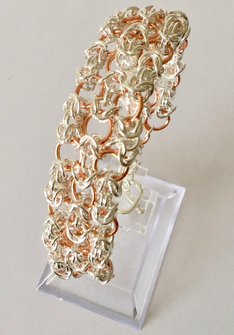Toggle Clasp Hand woven Elegant Bracelet in Silver and Rose Gold Feminine Bracelet Chainmaille Bracelet Byzantine link