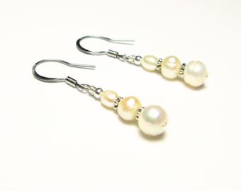 Dainty Pearl Drop Earrings, Real Freshwater Pearl Dangle Earrings, Wedding Earrings, Bridal Jewelry, Bridesmaid Gift