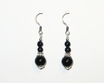 Dangle Earrings, Silver Black Renaissance Gothic Punk Jewelry Fashion, Unique Gift For Her, Black Onyx Gemstone Stone Bead, Handmade Canada