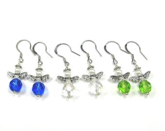 Angel Dangle Earrings, Colorful Sparkling Beads, Blue Green Crystal Clear Drop Earrings, Christmas Angel Unique Gift For Her, Made In Canada