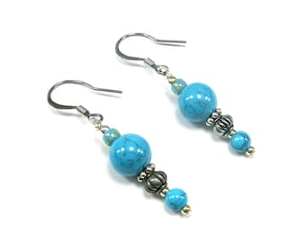 Blue Turquoise Dangle Gemstone Earrings, Boho Summer Beach Vacation Jewelry