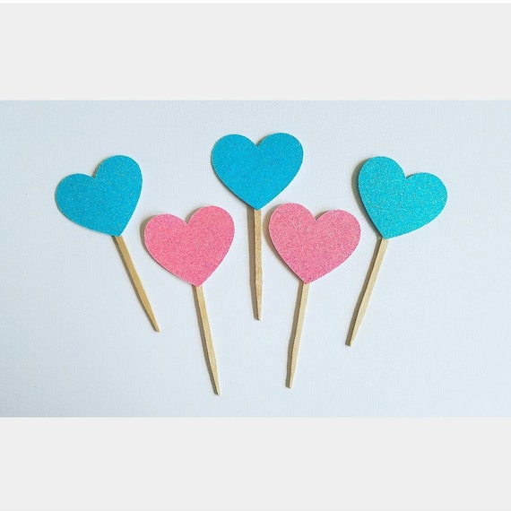 Heart cupcake toppers,gender reveal cupcake toppers,baby shower cupcake toppers,bridal shower cupcake toppers. Il_570xn