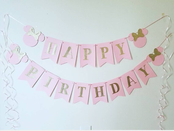 Minnie banner,Minnie party decor,Minnie happy birthday banner,Minnie mouse party, Minnie's boutique party, first birthday,pink and gold Il_570xn