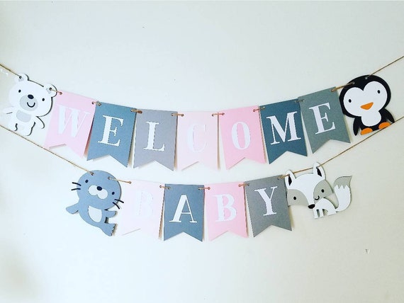 Welcome Baby Banner Winter Baby Shower Banner Penguin Polar Bear