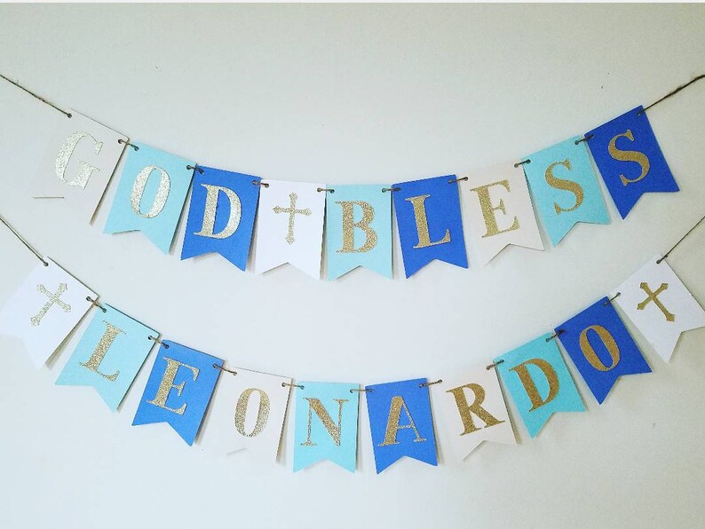Baptism banner,God bless banner,christening banner,first communion banner,confirmation banner,baptism decor,christening decor,blue and gold