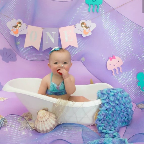 Mermaid Highchair Banner, Purple High chair,First Birthday,High chair Banner,Under the sea banner, mermaid cake smash,purple and pink banner Il_570xn